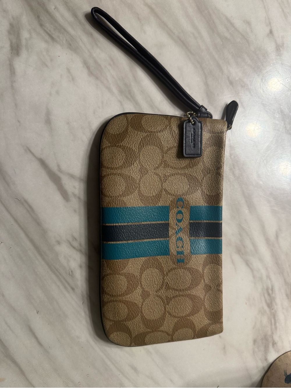 Coach Khaki Signature Wristlet with Teal and Black Stripes